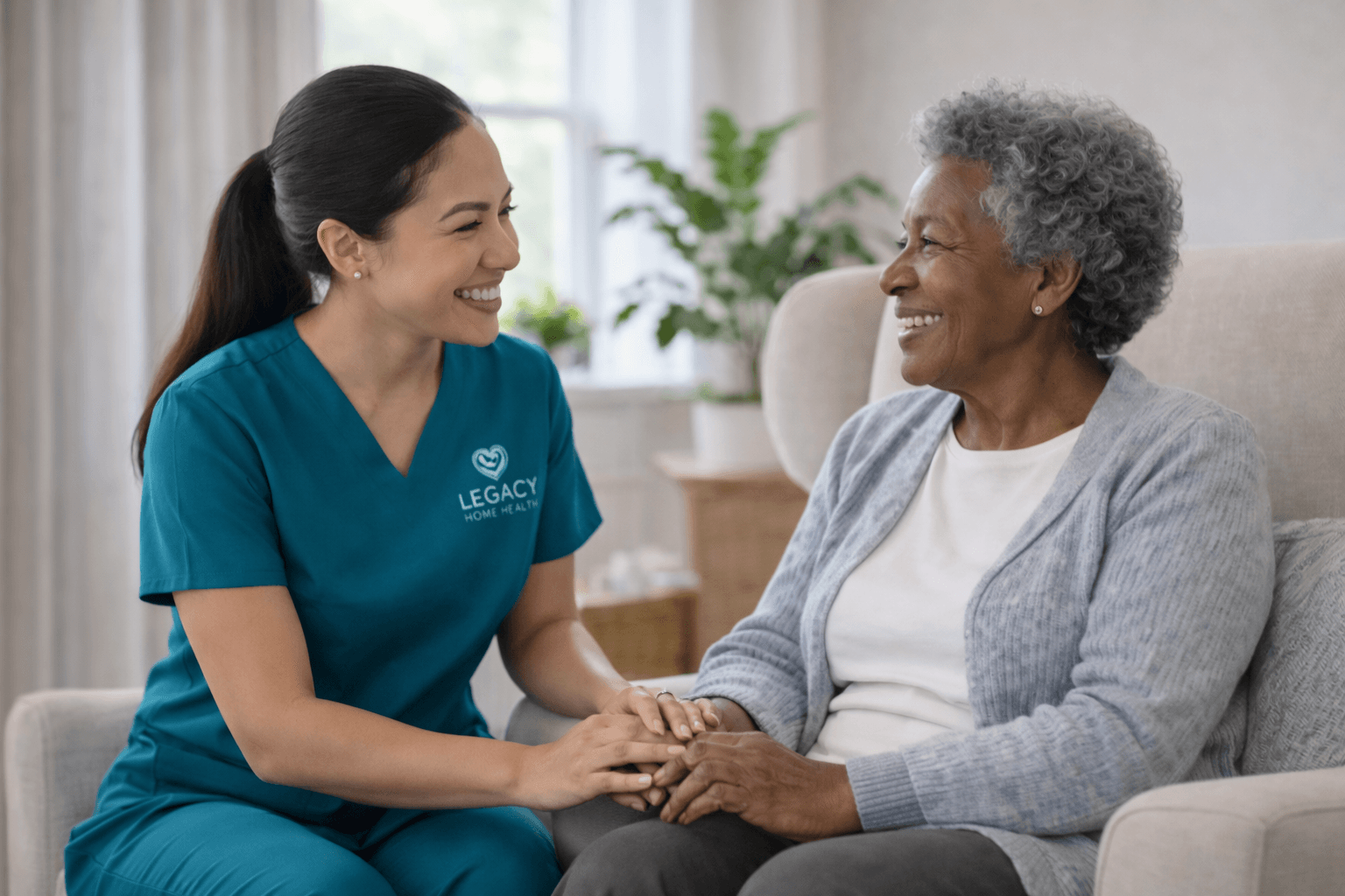 Legacy Home Health caregiver sitting with and comforting an older adult in the home.