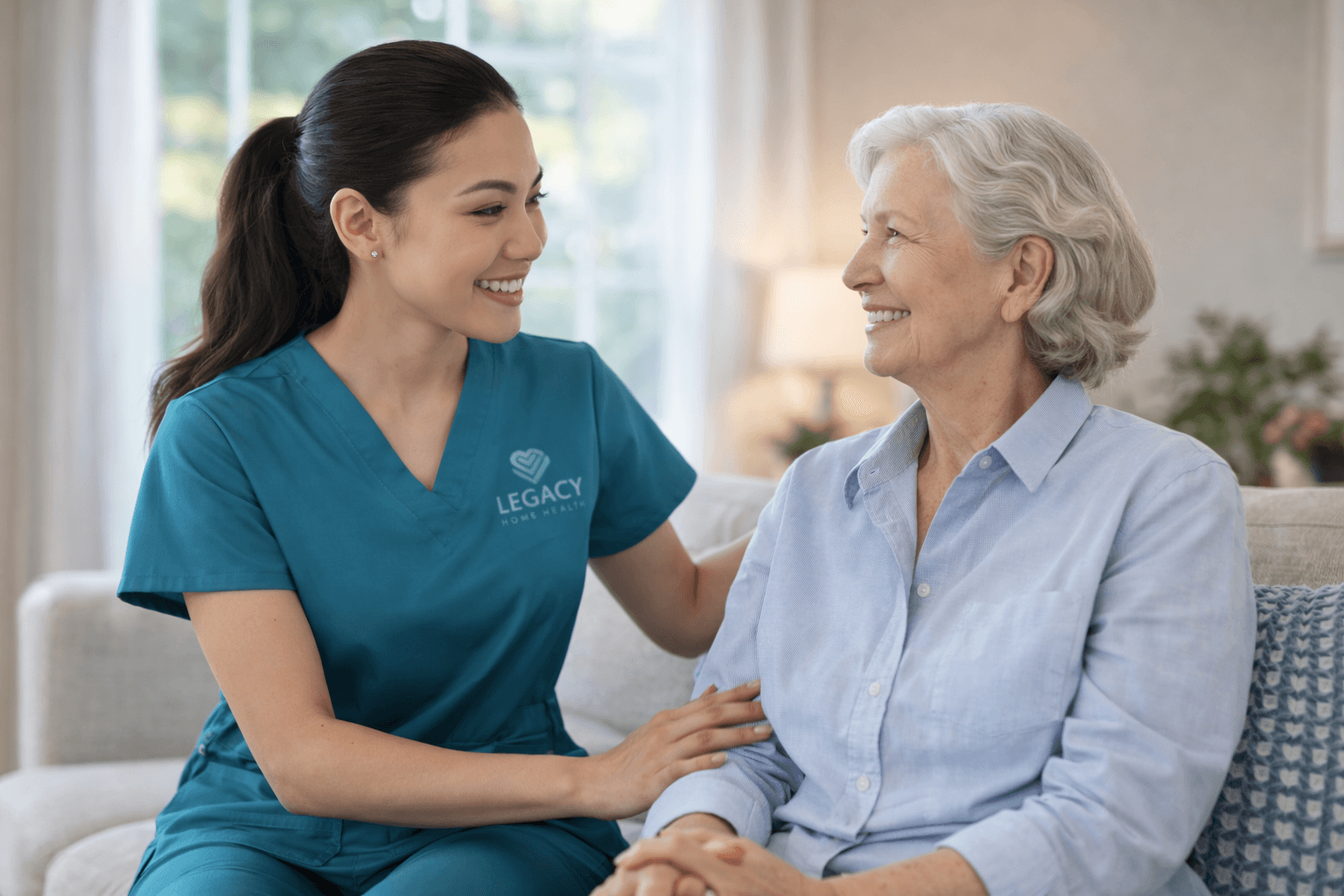 Legacy Home Health caregiver sitting with and supporting an older adult.