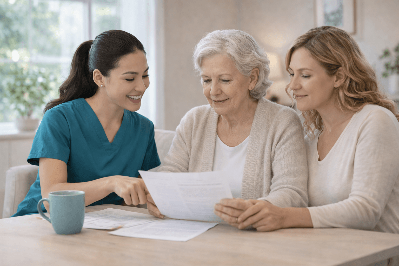 Legacy Home Health caregiver performing a home visit assessment with notes in hand.