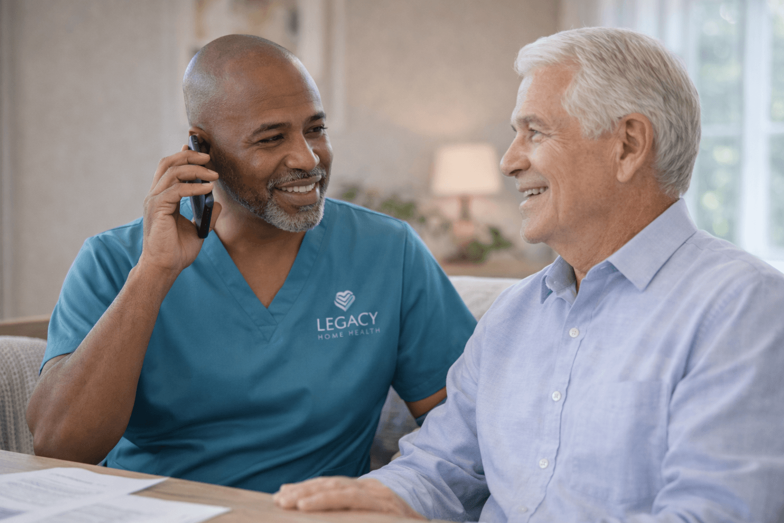 Legacy Home Health caregiver helping an older adult organize medication and daily routines.